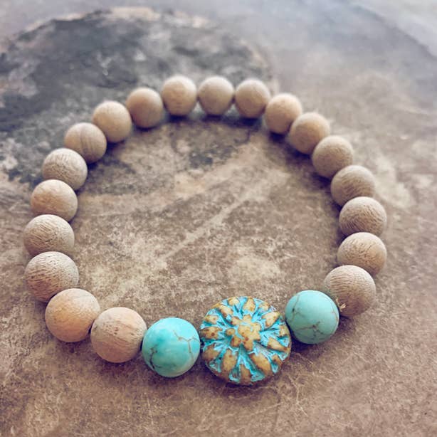 silketræ naturlig turkis og tjekkisk glas ro/silketræ beaded mala stretch armbånd for engroshandel på Faire1