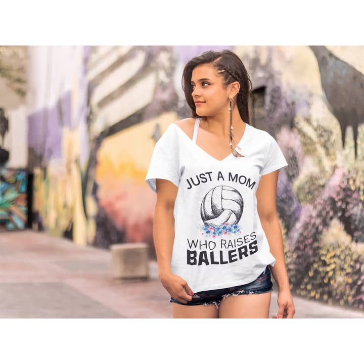 White ULTRABASIC Women's V-Neck T-Shirt Just a Mom Who Raises Ballers - Funny Quote for wholesale on Faire1