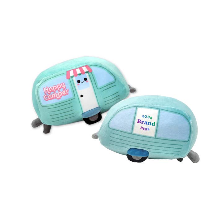 6" Customized Squishy Happy Camper Plushie for wholesale by The RGU Group