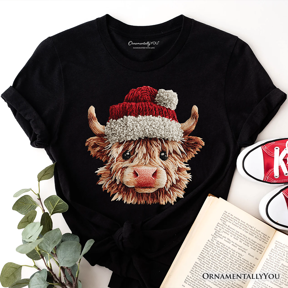 OrnamentallyYou - Wholesale T-Shirt (Graphic) - Women's - Highland Cow Santa Hat Christmas T-Shirt ,Cozy Tee0