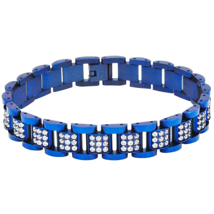 Men's Blue Stainless Steel Link Bracelet With Cubic Zirconia for wholesale by Blackjack Mens Jewelry