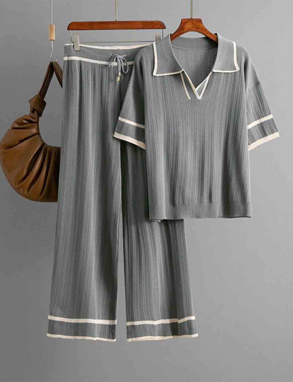 Sweetkama - Wholesale Lounge Set - Women's - Ladies Color Block Polo Collar Knit Top & Pants 2PCS Set14