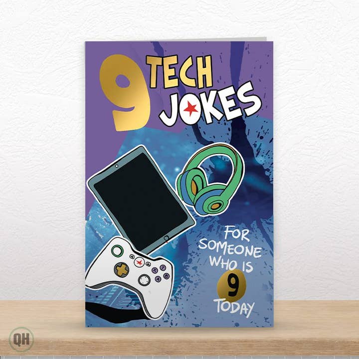 Carte d'anniversaire 9e avec 9 blagues et design technologique en feuille d'or pour la vente par Quitting Hollywood