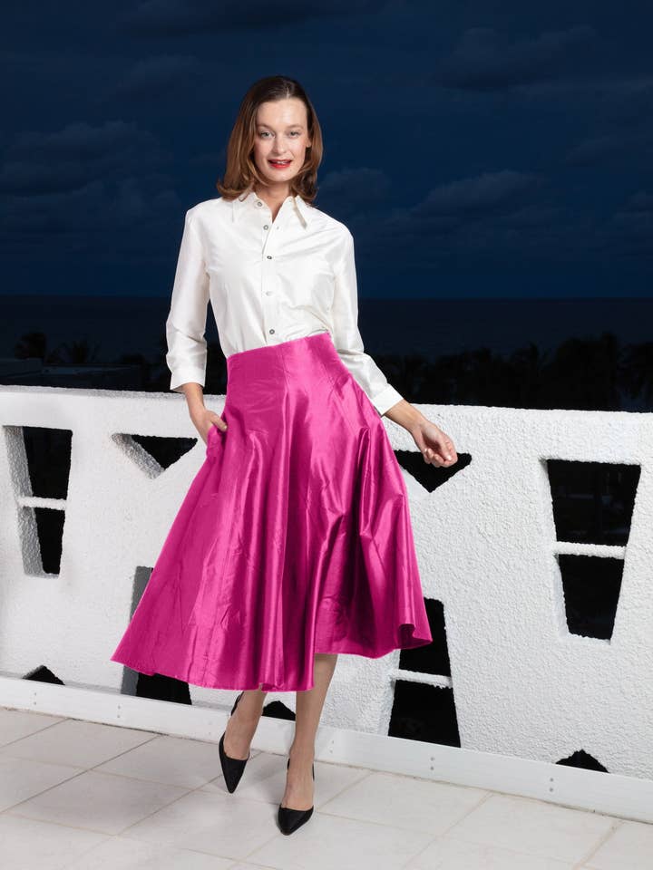 Mid-Calf Nederdel Fuchsia Silk for engroshandel hos Dizzy-Lizzie