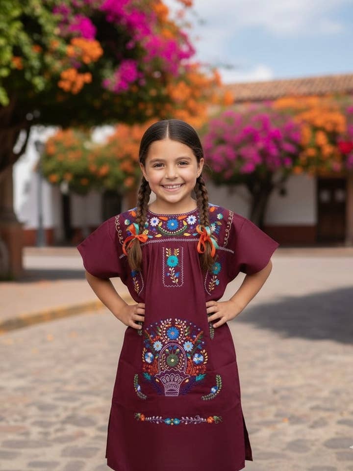 Mexican Puebla Dress for Girls Burgundy for wholesale by Cielito Lindo