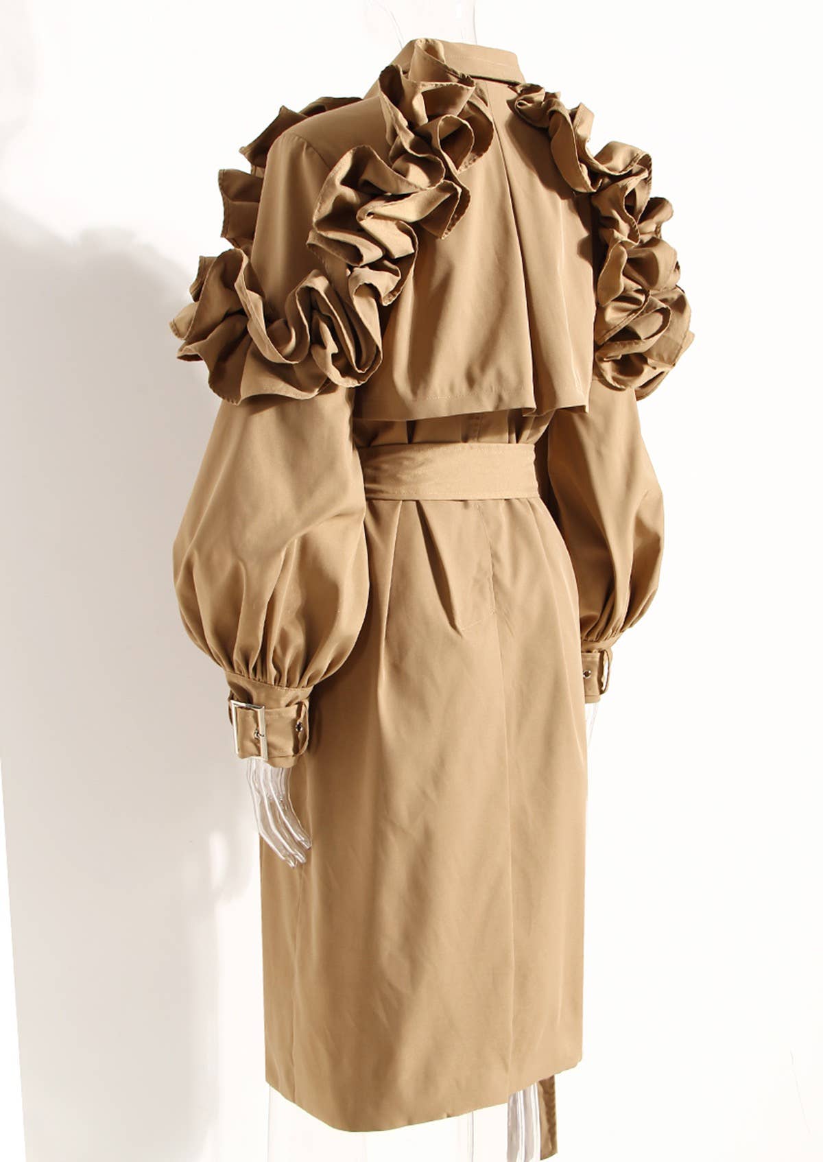 Khaki CT020 Women's Shoulder Ruffle Commuter Knee Length Coat for wholesale on Faire7