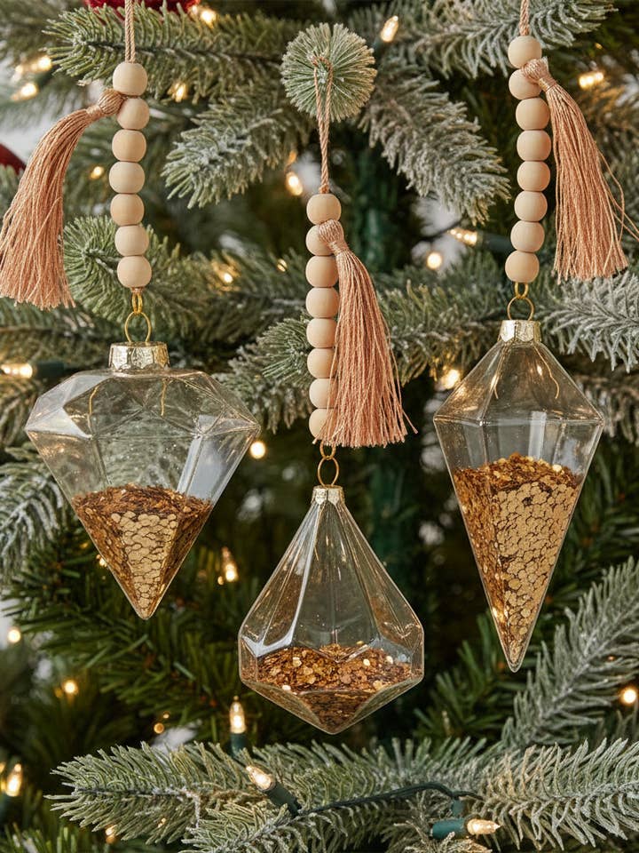 Ornamenti in Vetro, Glitter e Perline di Legno. Set di 3 per la vendita all'ingrosso da parte di Flair Interiors