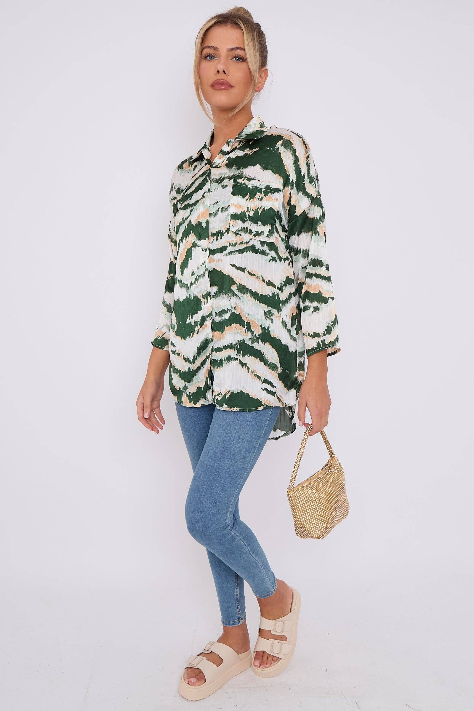 Green Tie Dye Stripe Print Satin Oversized Shirt for wholesale on Faire1