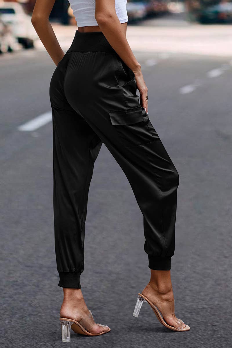 Elings - Wholesale Pants - Women's - High Waist Long Pant Trousers With Pocket Satin Jogger Pants1