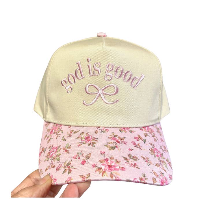 God is Good Embroidered Floral Print Brim Baseball Cap for wholesale by Stitch Haven