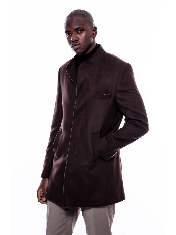 Mandarin Collar Brown Cachet Coat - Wessi for wholesale on Faire6