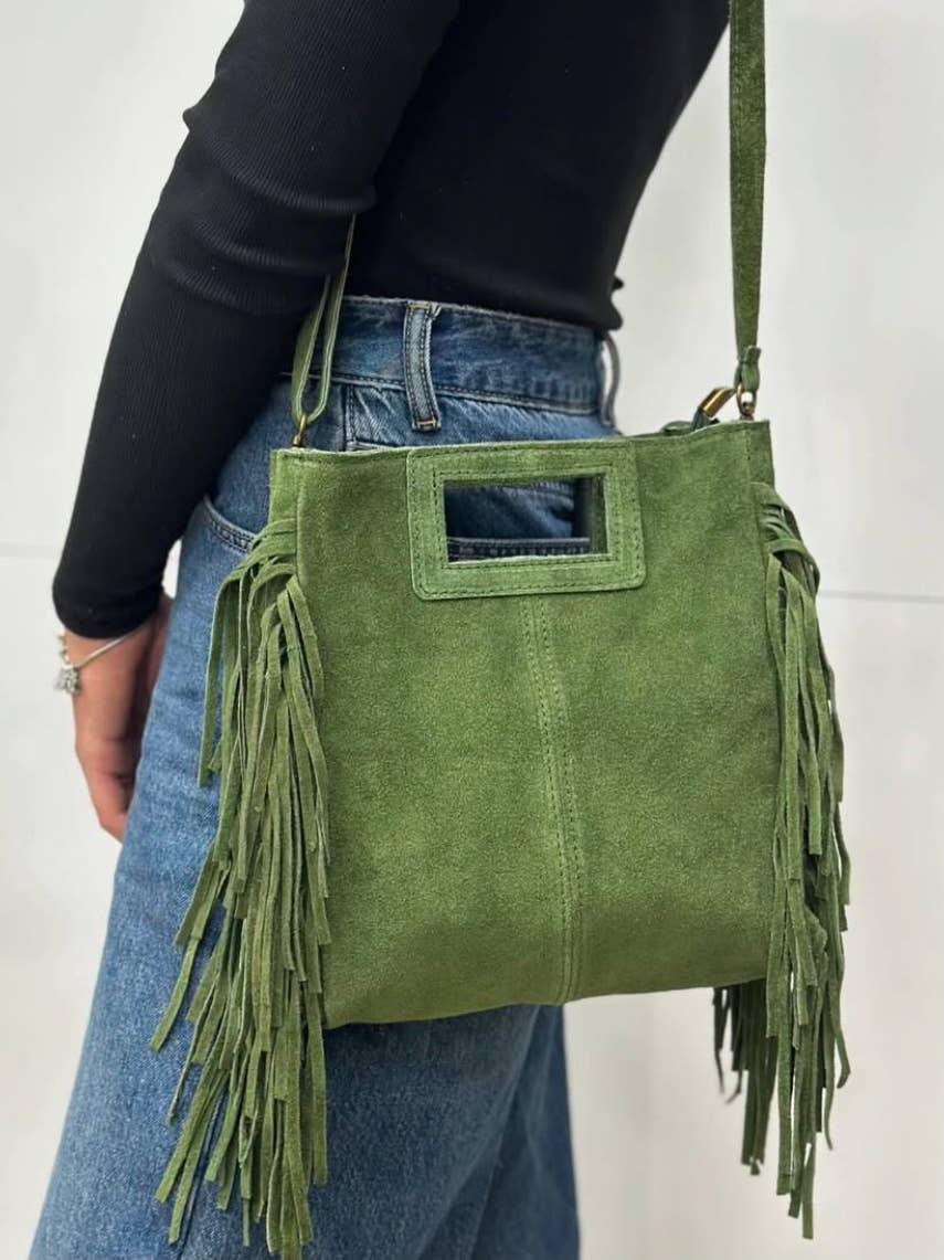 JIJOU CAPRI - Wholesale Crossbody Bag - Women's - STFR Italian Green Fringed Suede Crossbody Bag JIJOU CAPRI