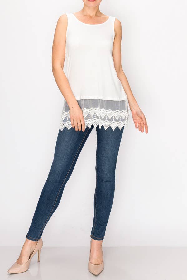 Soft Relaxed Tank With Delicate Floral Laced Hem - T08 IVORY for wholesale on Faire0