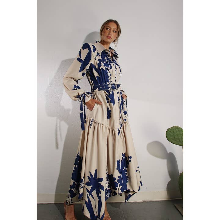 BLUE MULTI PRINT UNEVEN BELTED LONG DRESS for wholesale on Faire