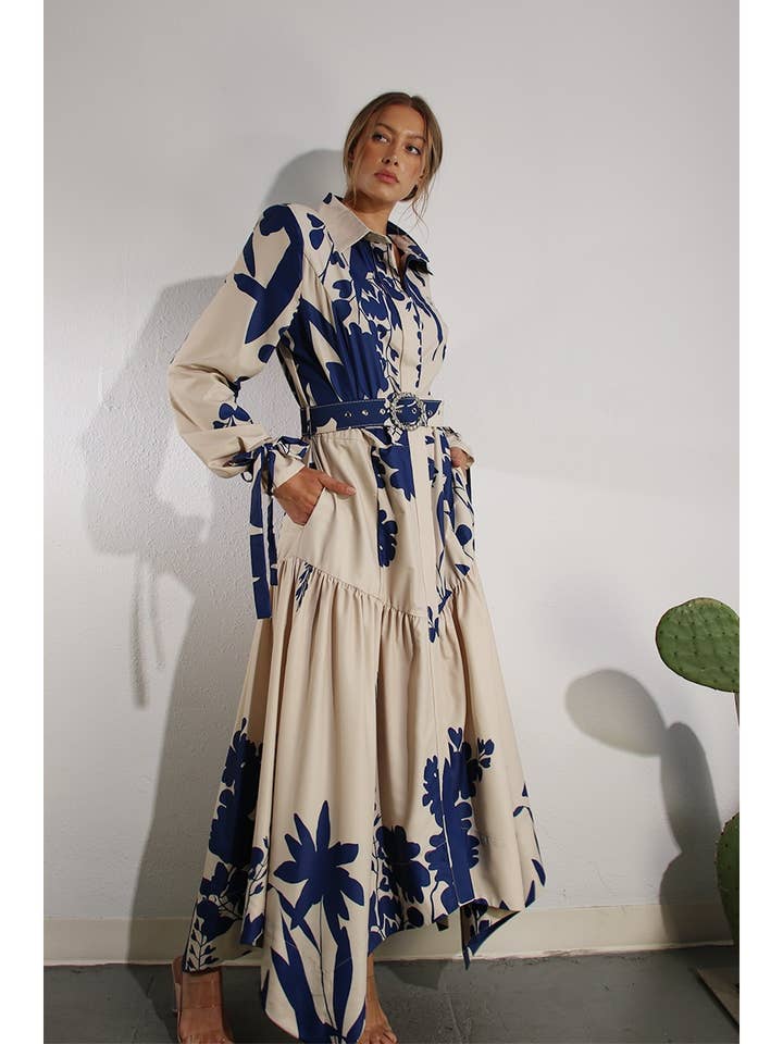 PRINT UNEVEN BELTED LONG DRESS for wholesale by Mulla