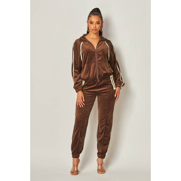 BROWN Solid color Velour Tracksuit with Contrast Piping for wholesale on Faire