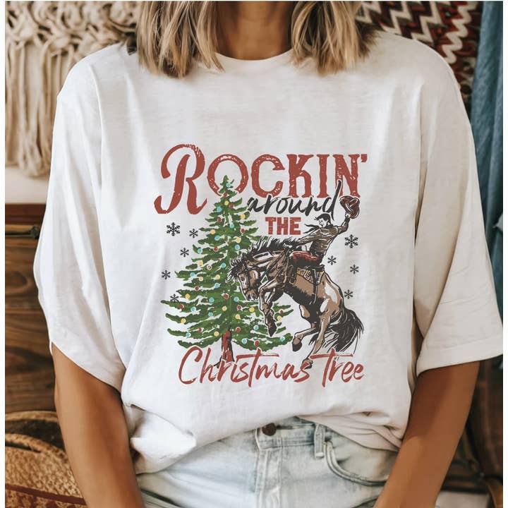 Rockin' Around The Christmas Tree T-Shirt or Crew Sweatshirt for wholesale by Peach Closet
