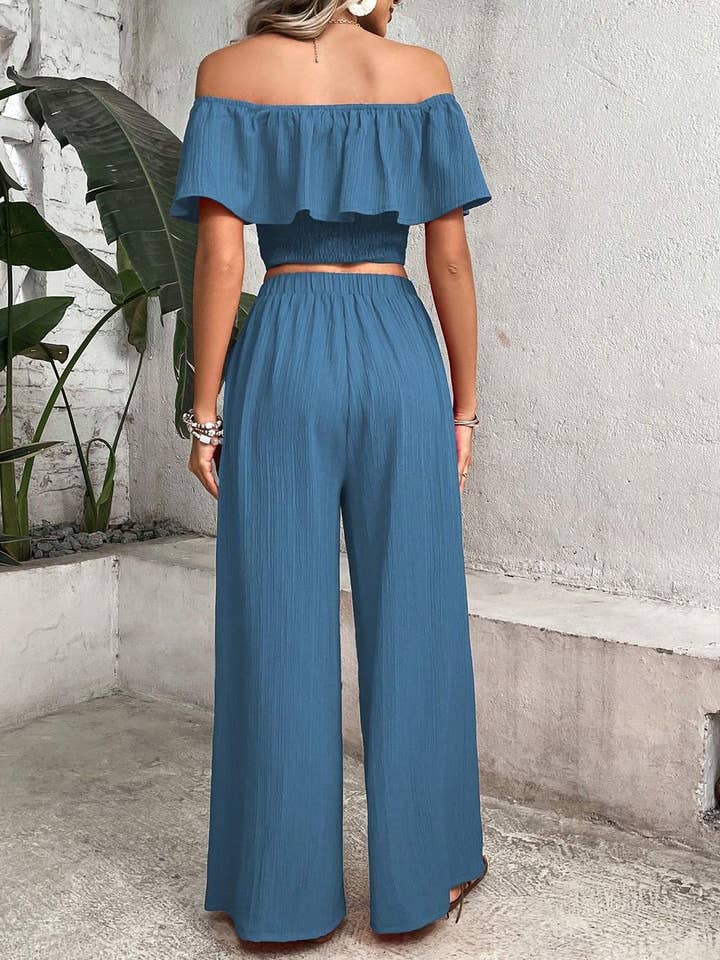 Flarix - Wholesale Top & pants set (NOT Loungewear) – Women's - off shoulder ruffle trim crop top wide leg pants40