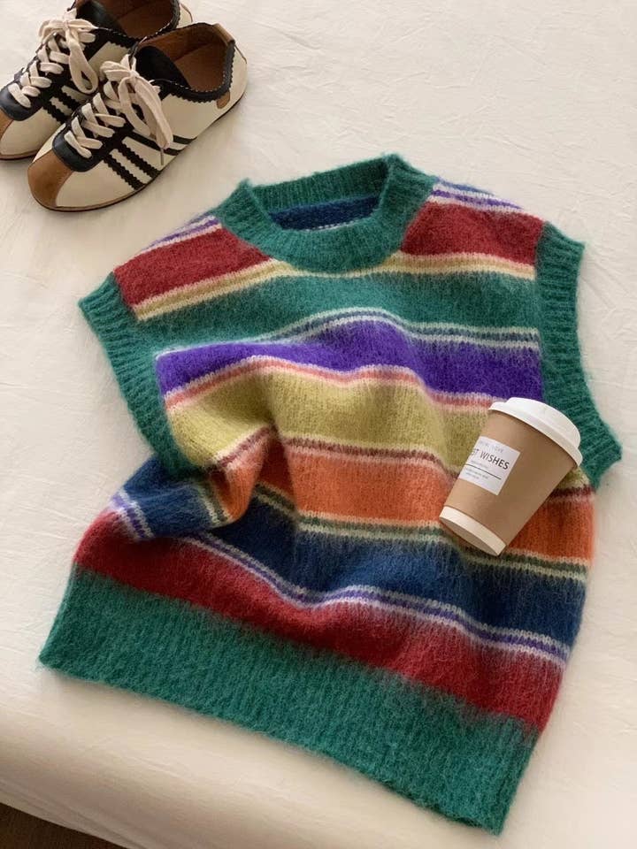 Marayn - Wholesale Cardigan - Women's - Retro Rainbow Stripe Knit Cardigan Cozy Chic6
