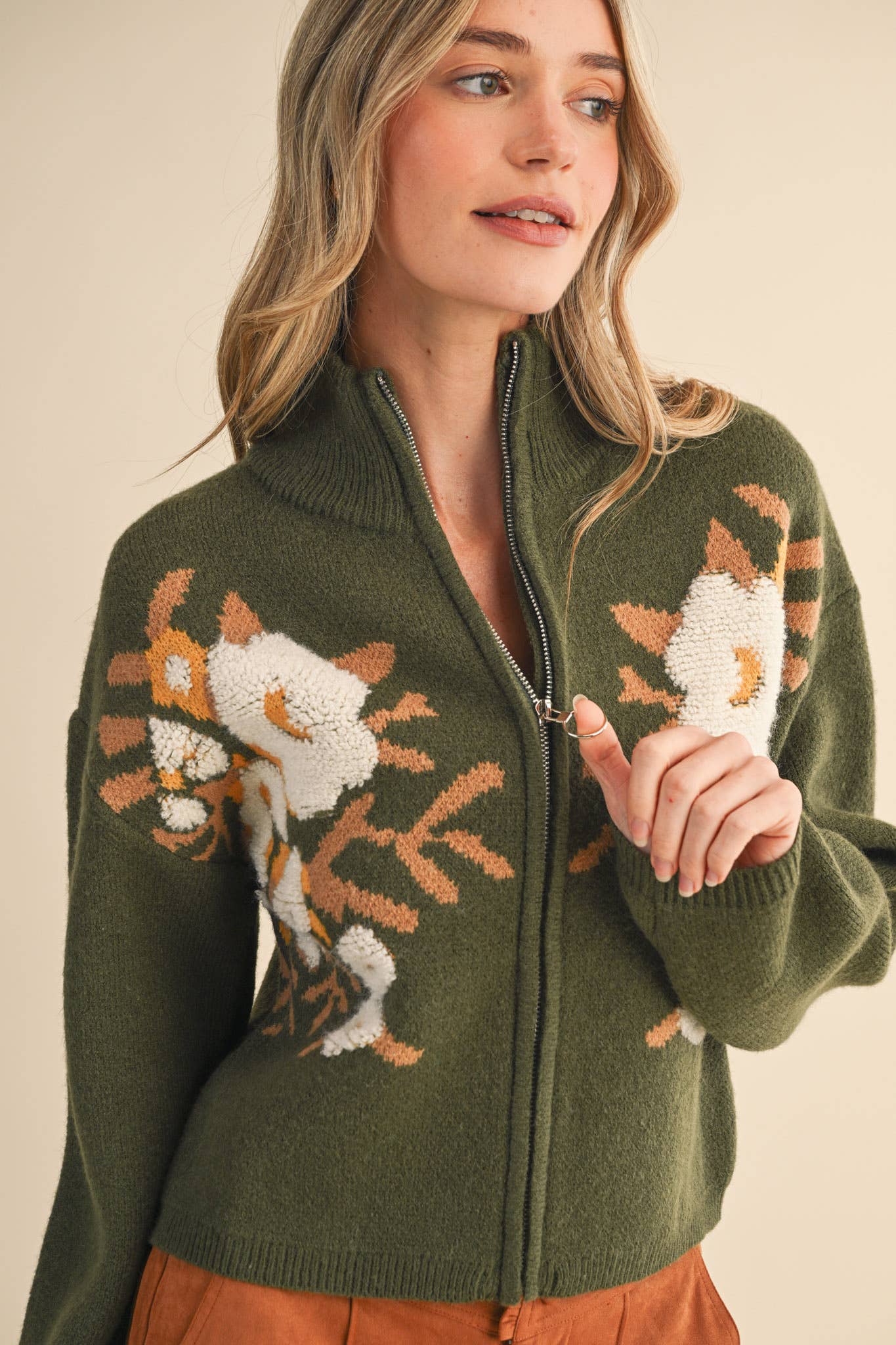 &MERCI - Wholesale Cardigan - Women's - FLORAL ZIP UP SWEATER CARDIGAN MSW1118822