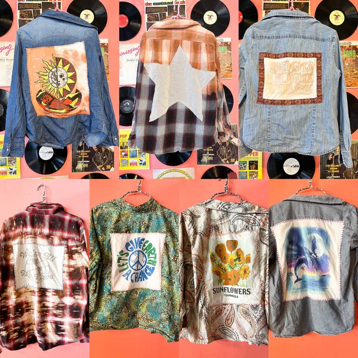 Set of 4 basic hippie boho Upcycled flannel button up tops for wholesale by TimberJune