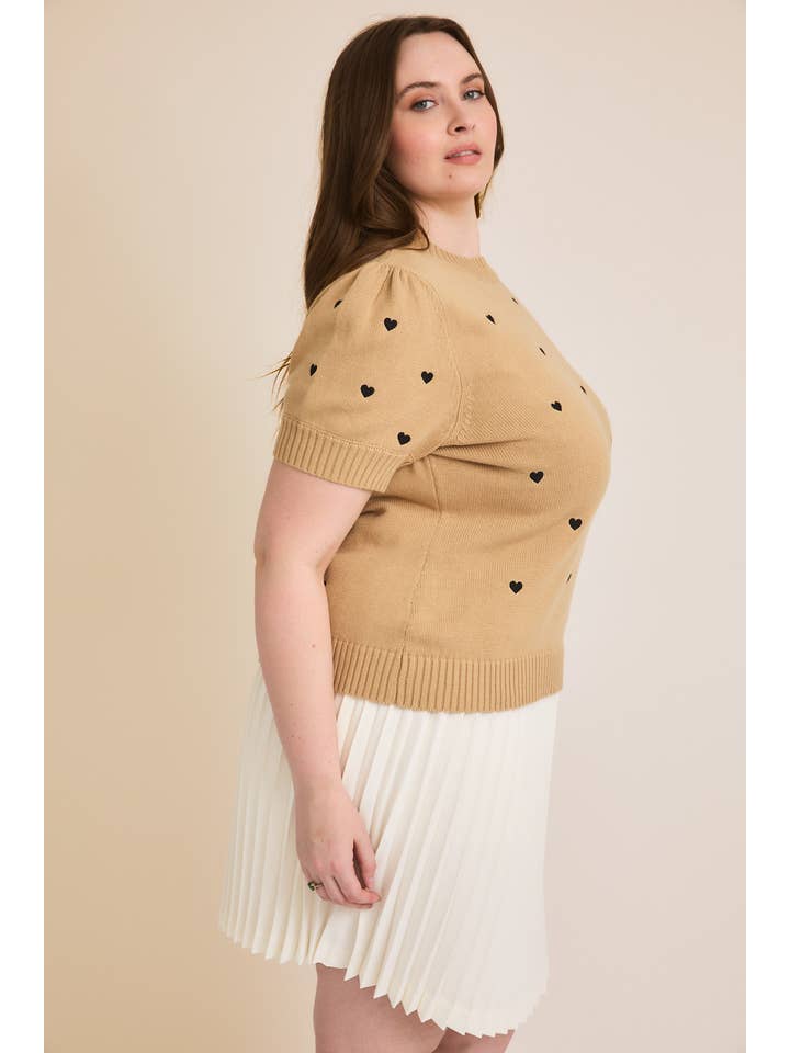 GILLI - Wholesale Knit Sweater - Women's - **PLUS** PUFF SHORT SLEEVE "HEART" EMBROIDERED SWEATER