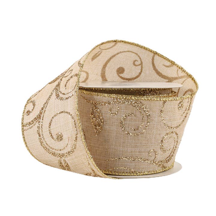 2 1/2" Wired Ribbon | "Scroll" Natural/Gold | 10 Yard Roll
for wholesale by LA Ribbons Wholesale