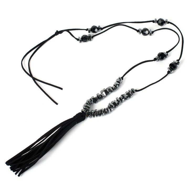 Colar Ajustável de Cristal Negro e Hematita com Camurça por atacado de The Dark