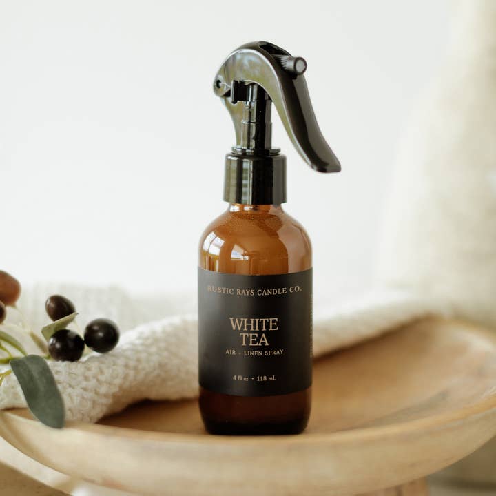 White Tea Room Spray - 4 oz Amber Glass Bottle for wholesale by Rustic Rays Candle Co.