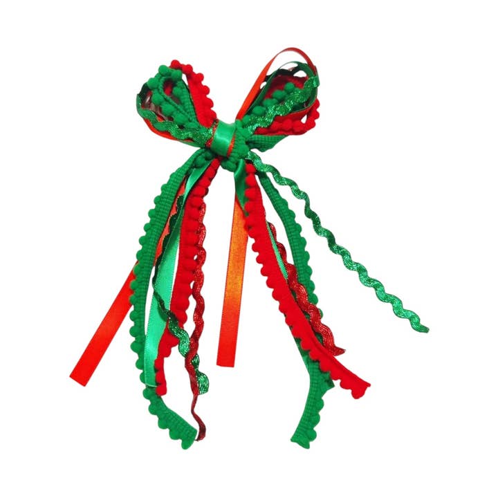 Lazo desordenado verde y rojo con cinta para el pelo con clip para venta al por mayor de Pretty in Pink Bows