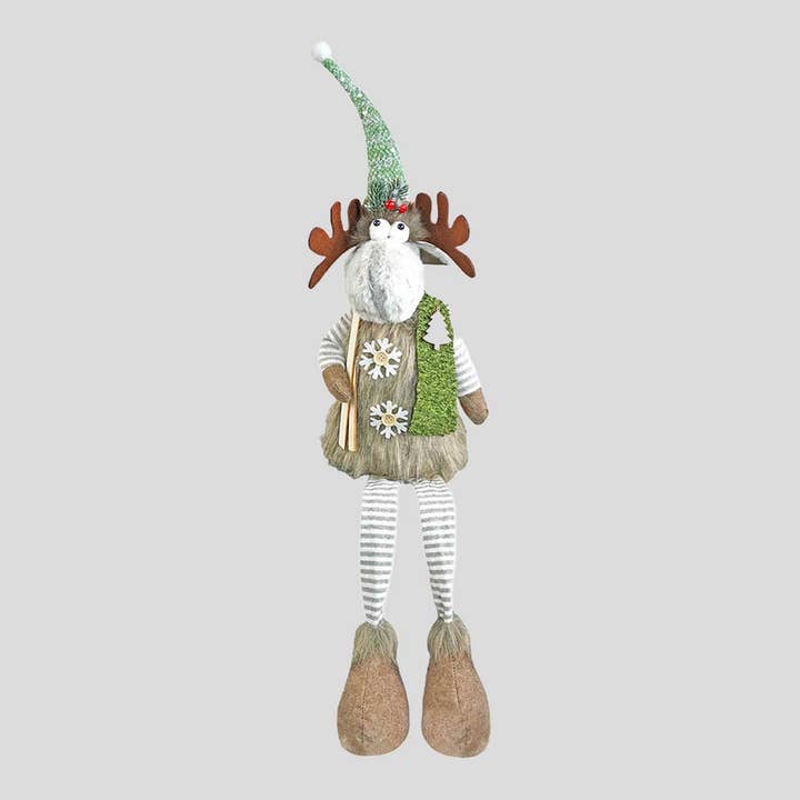 Grey Sitting Long Legs Reindeer With Ski Boards Wooden Decor for wholesale by Zwende