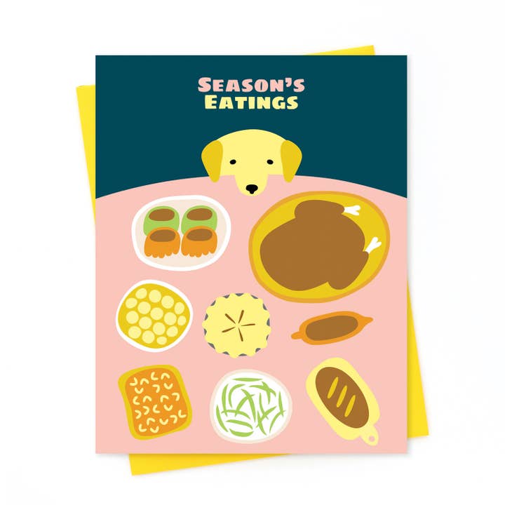 Season's Eatings, divertente biglietto di auguri natalizio a forma di cane giallo, formato A2 per la vendita all'ingrosso da parte di Klinger Creative