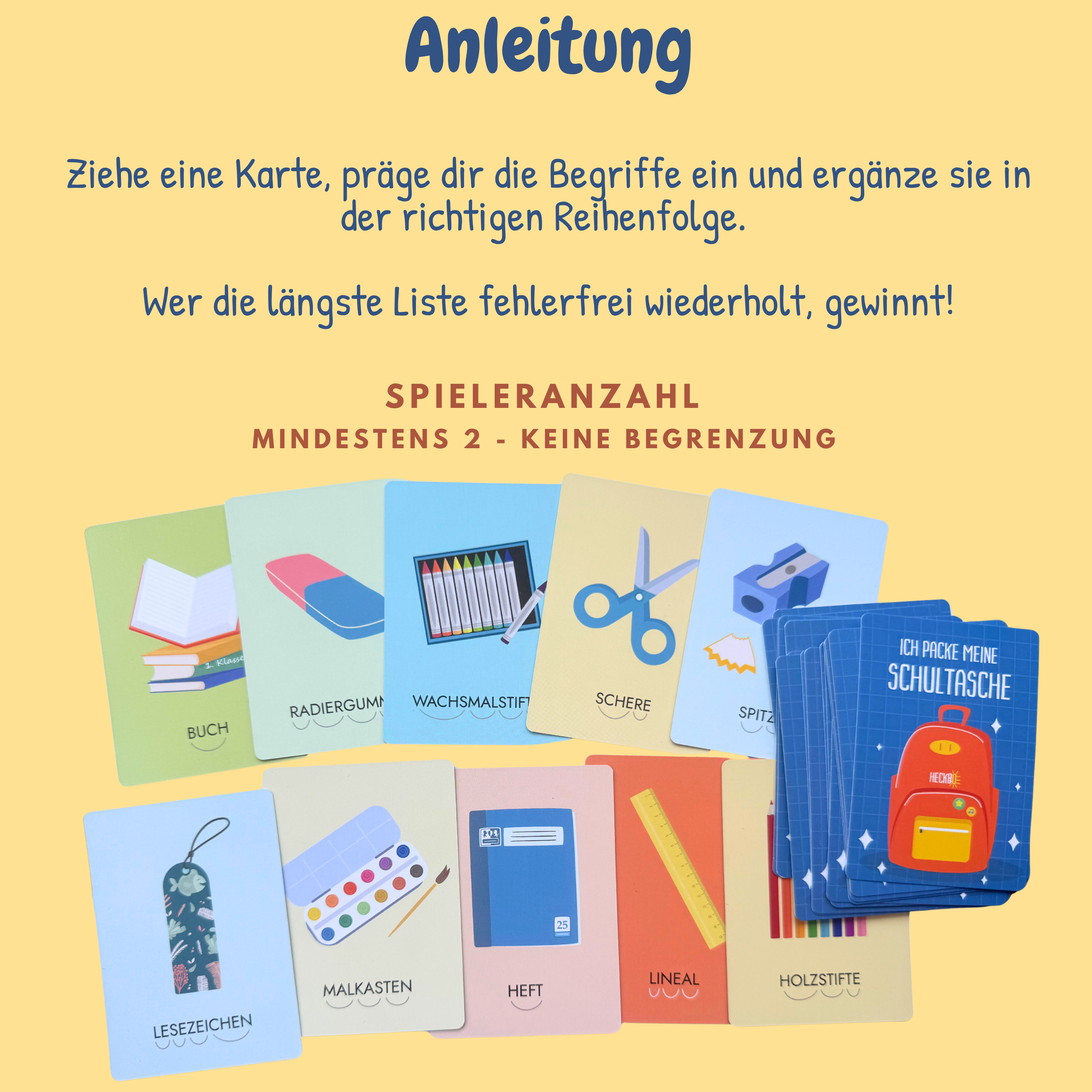 HECKBO – Großhandel Lernkarten – Kind & Baby – Kartenspiel "Ich packe meine Schultasche und nehme mit"2