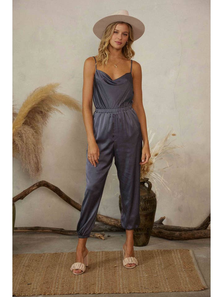 Endless Blu - Wholesale Jumpsuit - Women's - JR6304 COWL NECK SATIN JOGGER JUMPSUIT