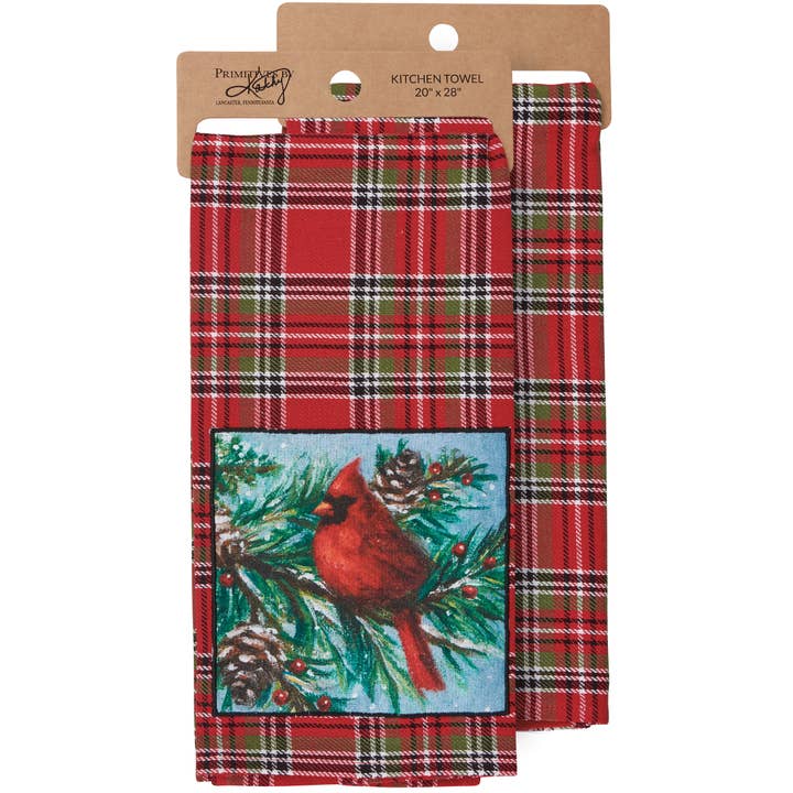 Plaid Cardinal Kitchen Towel for wholesale by Primitives by Kathy
