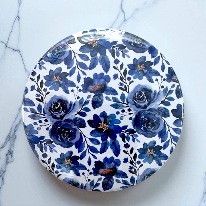 Blue Flower 3" Round Mirror for wholesale by Monumental Prints & Pins