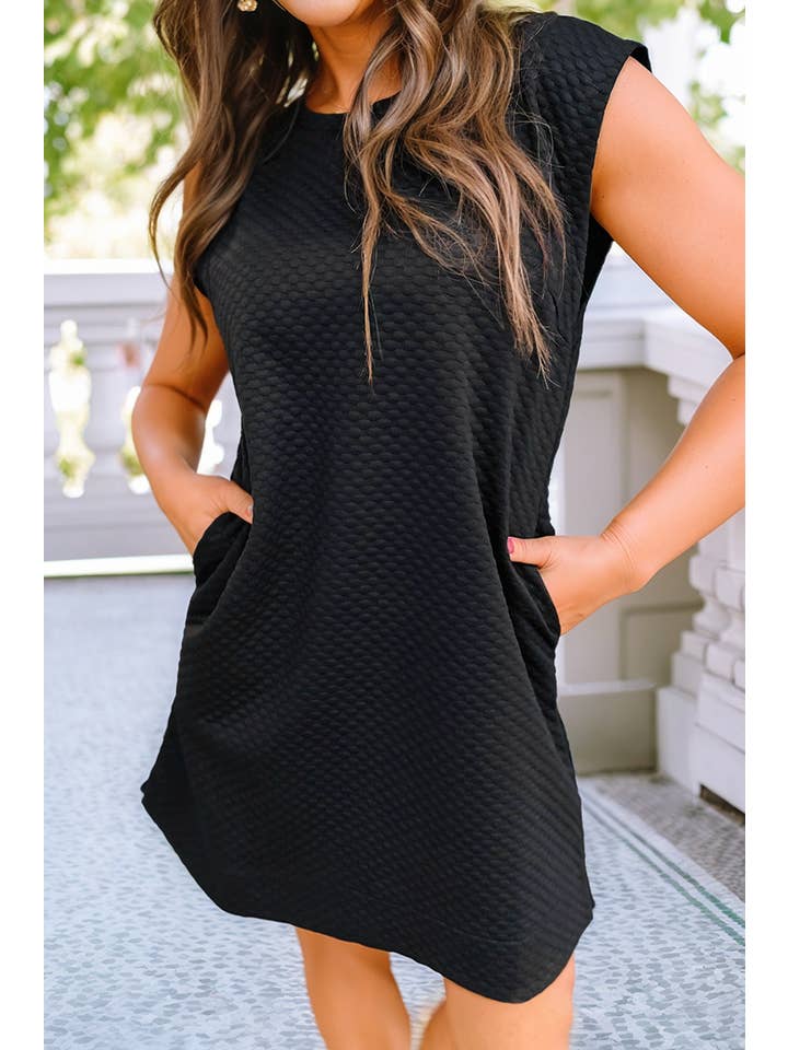 Black LDC Textured Cap Sleeve T-shirt Shift Mini Dress for wholesale on Faire1