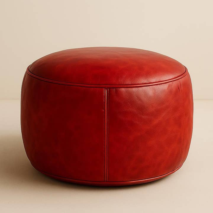 Red Moroccan Leather Pouf Ottoman Handmade Footstool for wholesale by Troussi