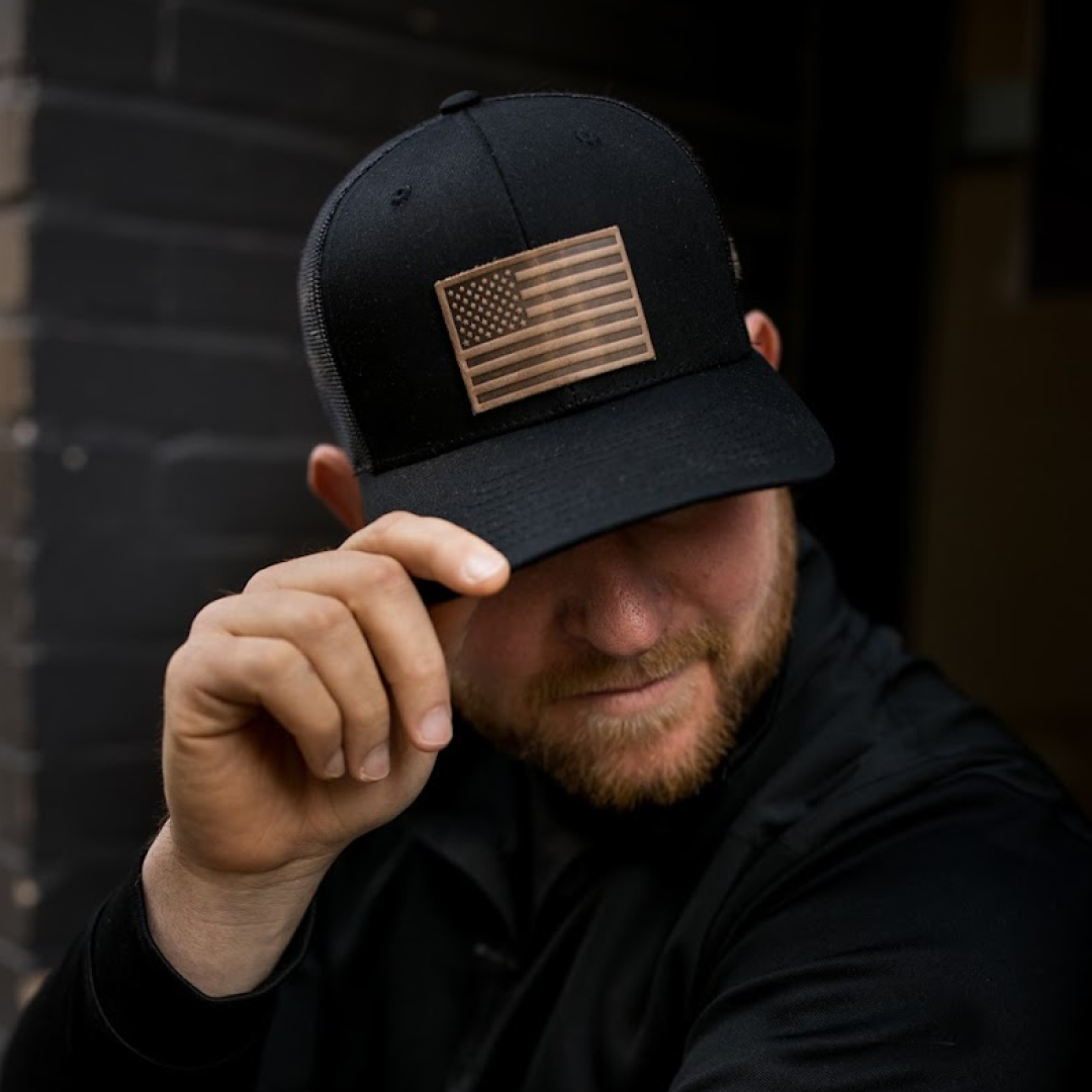 Range Leather Co. - Wholesale Trucker Hat - Unisex - American Flag Hat - Leather Patch Trucker Snapback6