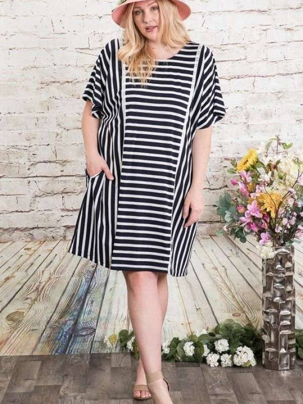 Davi & Dani - Wholesale Dress - Women's - PLUS SIZE STRIPED ELASTIC WAIST DOLMAN DRESS