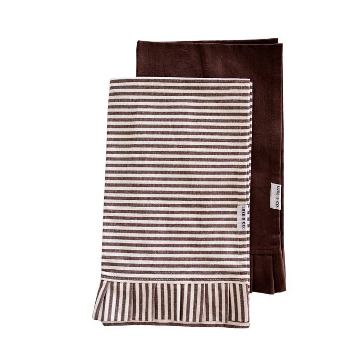 Brown & White Stripes Ruffle Kitchen Dish Towel for wholesale by Luxe B Co