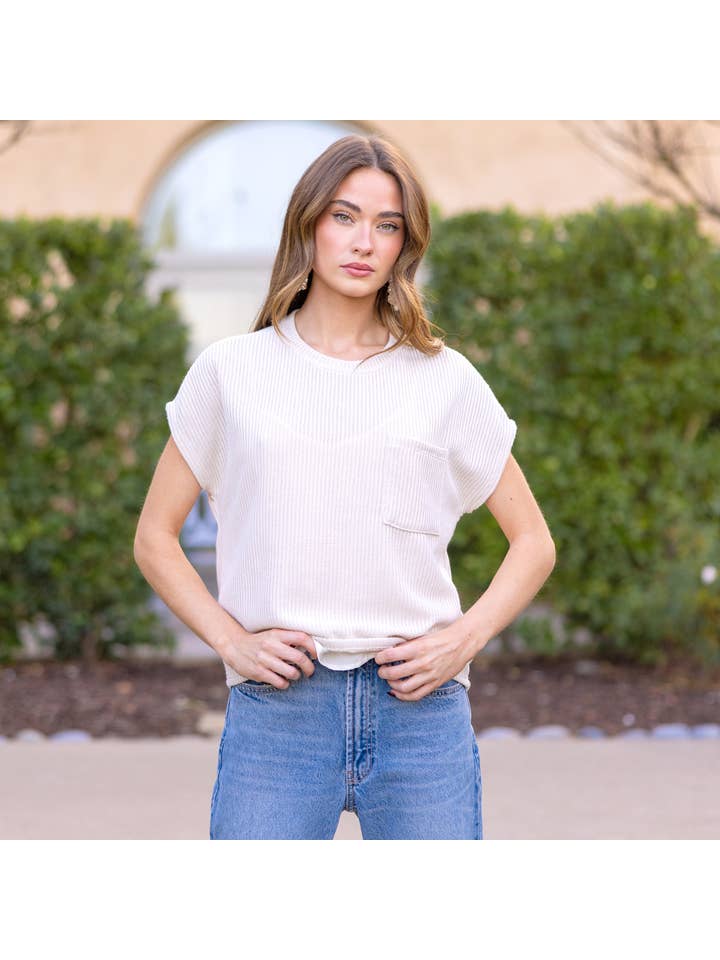Les Amis - Wholesale Knit Top - Women's - Knitted Solid Short Sleeve Top with Pockets