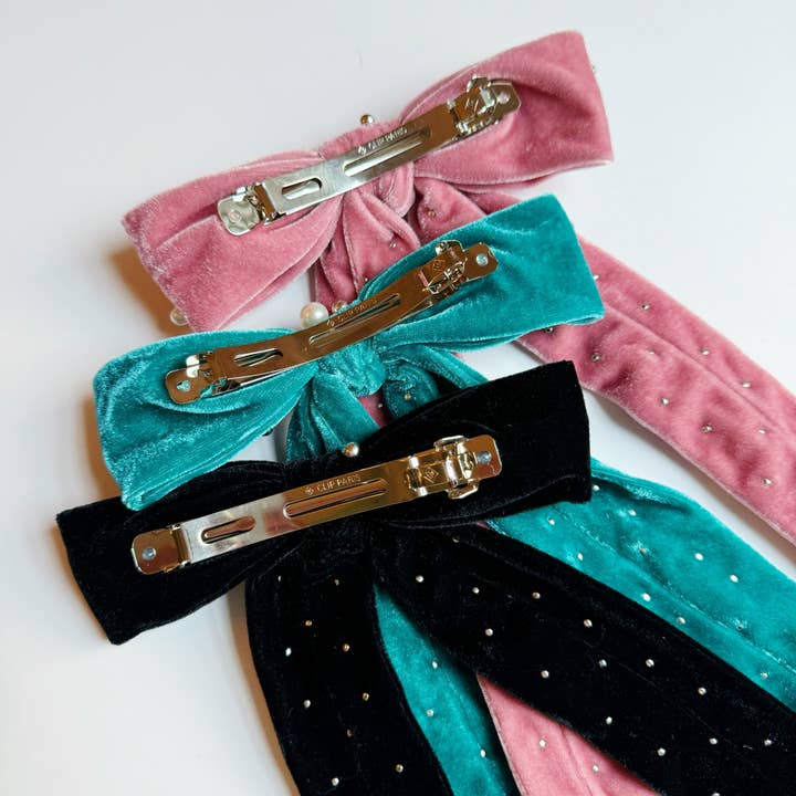 Ellison+Young - Wholesale Hair Clip - Women's - Pearl Throwed Velvet Bow Hair Clip