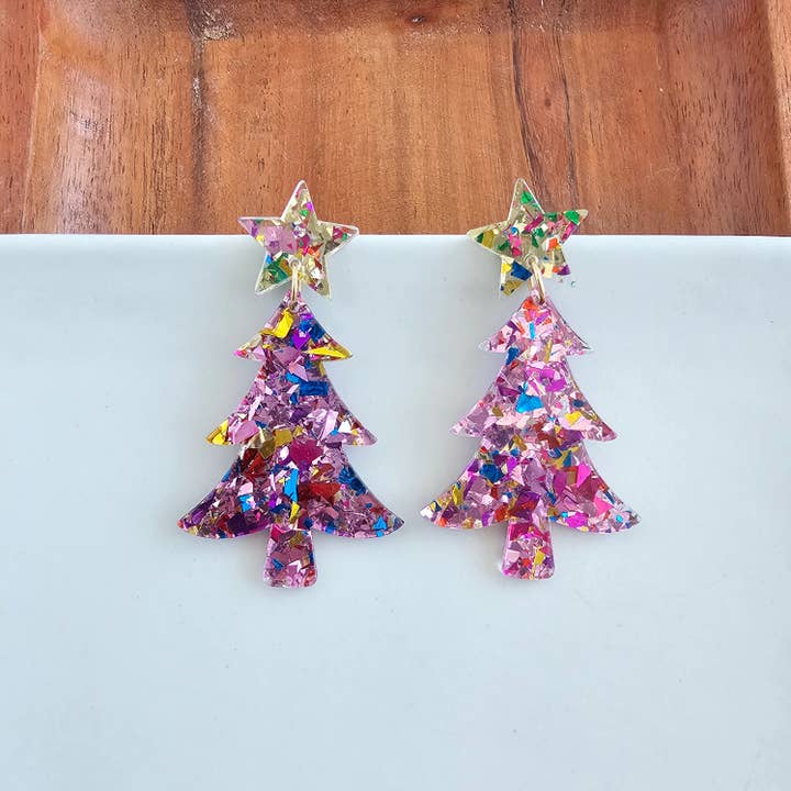 Spiffy & Splendid - Wholesale Dangle Earrings - Christmas Tree Earrings - Light Pink Sparkle // Holiday