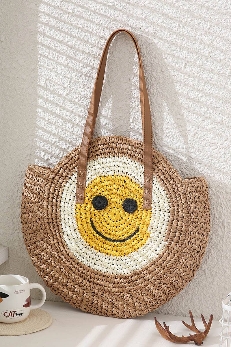Cap Zone - Vendita all'ingrosso Borsa da spiaggia - Borsa da spiaggia rotonda in rattan con faccina sorridente2