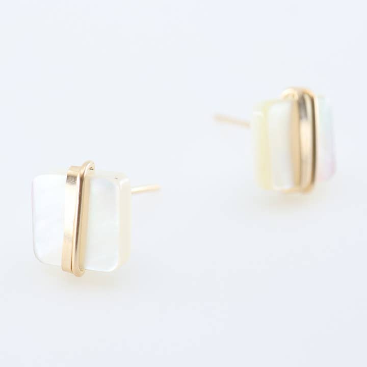 Mother of Pearl Square Stud Earrings with Forged Accents for wholesale by J. Mills Studio