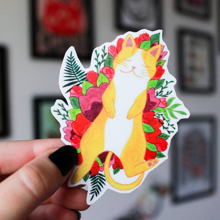 Sticker Cat Lying in Flowers for wholesale by Betina C Koche