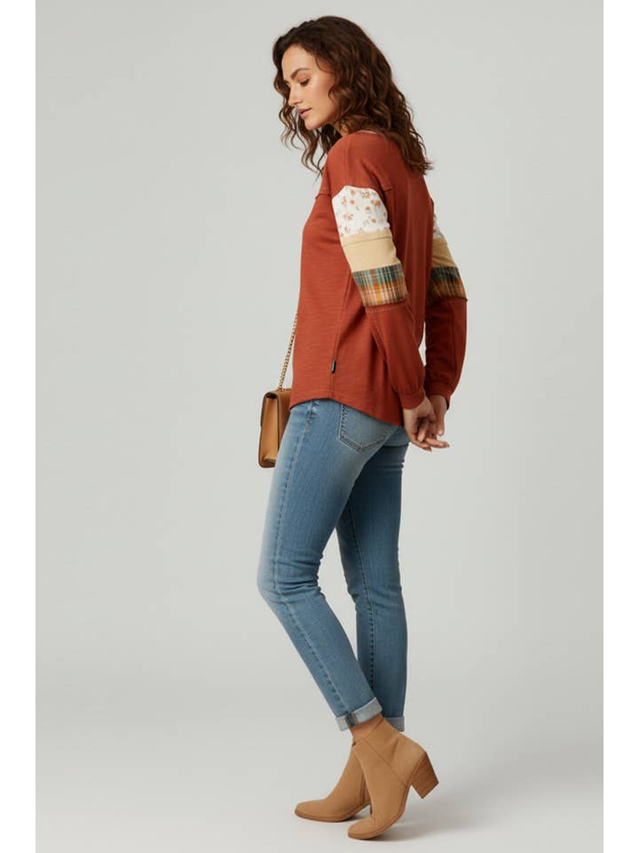Kori America - Wholesale Knit Top - Women's - FLORAL CHECK COLOR BLOCK LONG SLEEVE KNIT TOP4