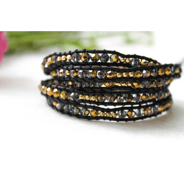 Gold - Crystal Dipped Leather Wrap Bracelet for wholesale by LIZOU