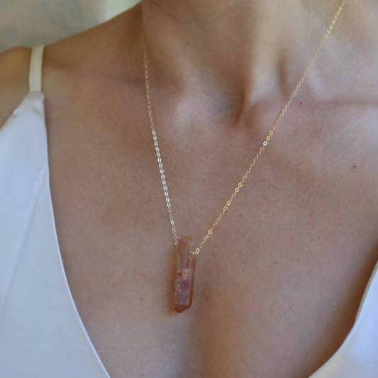 Hand Cut, Raw Quartz Crystal Point Necklace, Peach for wholesale by Sela+Sage
